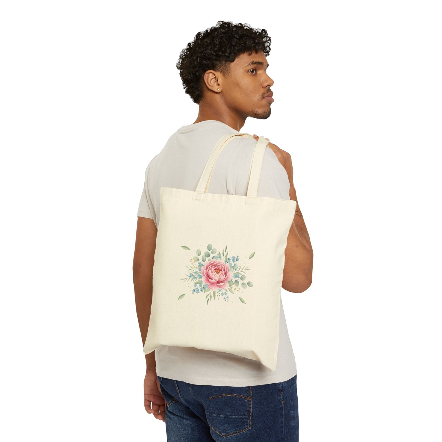 Floral Rose Canvas Tote Bag — Watercolor Pink Peony Grocery & Market Tote