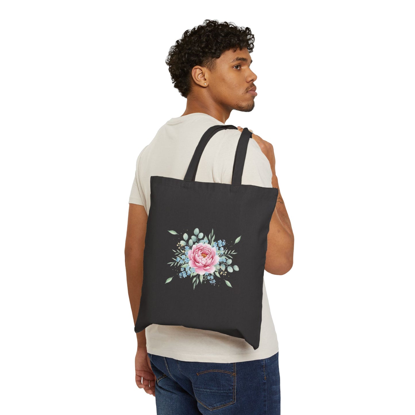 Floral Rose Canvas Tote Bag — Watercolor Pink Peony Grocery & Market Tote