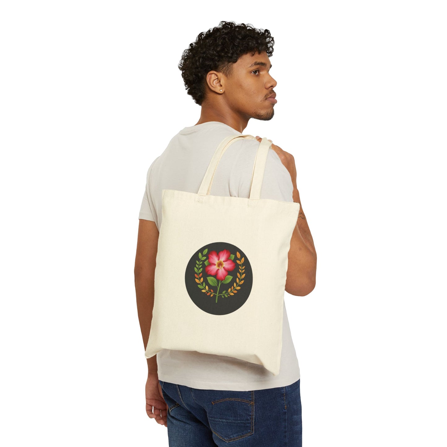 Floral Emblem Canvas Tote Bag — Pink Flower Wreath Eco Shopper